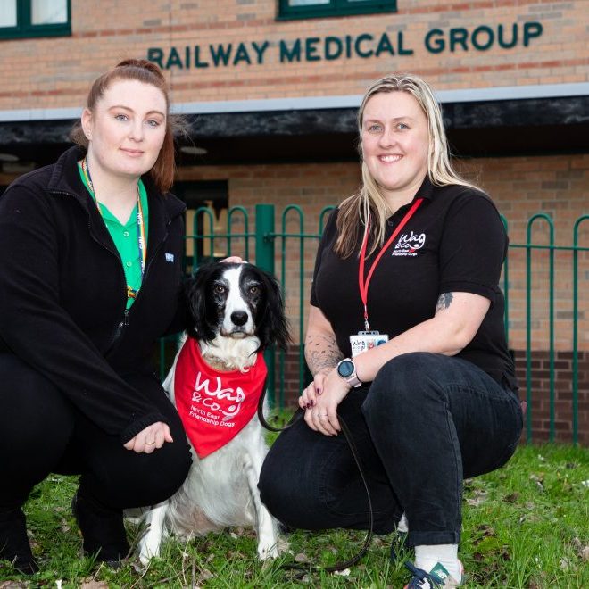 Michaela Ctirchley from Railway Medical group; Blyth with volunteer Gemma &amp; Bentley from WAG.